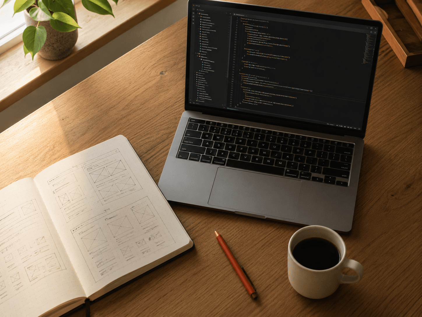 An engineer's desk from above: laptop with a code editor, a notebook with a hand-drawn wireframe, a vermilion pen and a coffee