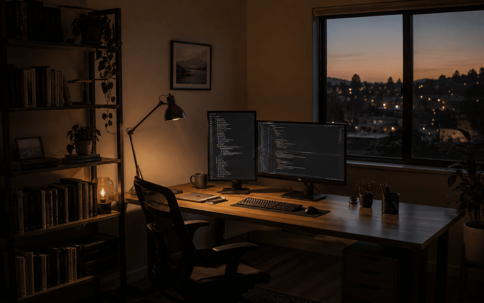 A small home office at dusk: two monitors with code editors, a desk lamp, a window with city lights