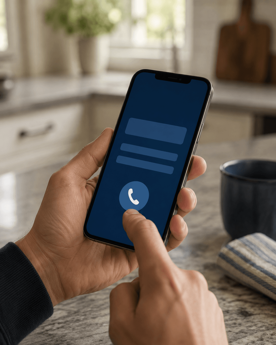 A hand holding a phone at a kitchen counter, thumb over a large call button